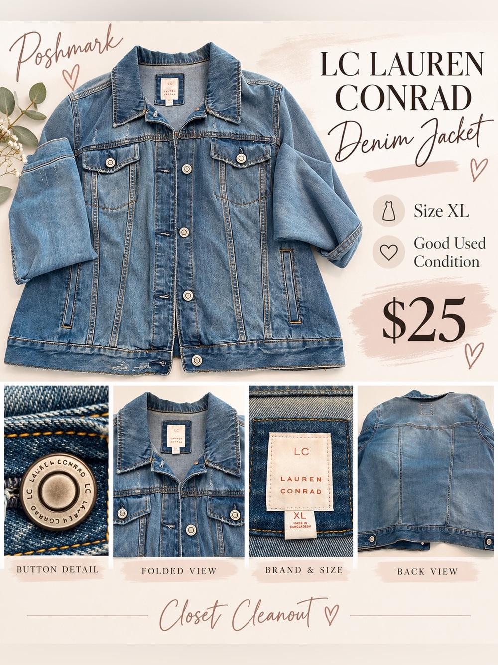 LC Lauren Conrad Light Blue Denim Jacket with Button Front